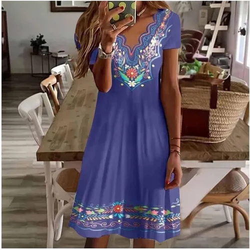 Vista 3 de Esopkuu Vestido de manga corta de algodón puro con estampado retro nacional, bordado con cuello en V, diseño de encaje