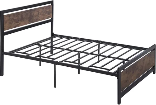 Vista 9 de Majnesvon Base de cama resistente de tamaño matrimonial con cabecera de madera moderna, plataforma de metal con marco de hierro esmerilado