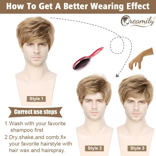 Vista 5 de Creamily Peluca marrón para hombre, disfraz de pelo corto, estilo cosplay marrón (Brown-1)