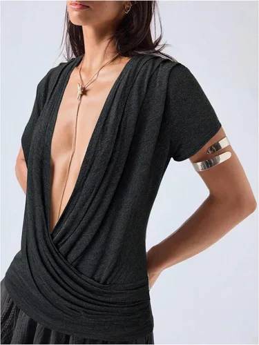 Vista 3 de SOLY HUX Camisetas de manga corta con cuello en V profundo para mujer Gris oscuro
