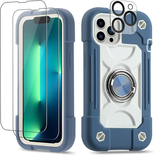 Vista 19 de Funda para iPhone 11 de 6.1 pulgadas con soporte de anillo, con 2 protectores de pantalla de vidrio, resistente a los golpes, resistente a