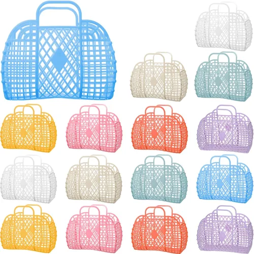 Vista 7 de Hsei 16 bolsas de gelatina para niñas, cesta de Pascua, reutilizable, bolsa de playa de plástico para playa, cesta de regalo para niños y niñas Beige
