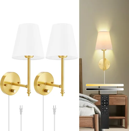 Vista 12 de Juego de dos apliques de pared regulables, apliques de pared enchufables con pantalla de tela blanca, lámpara de pared para dormitorio, sala