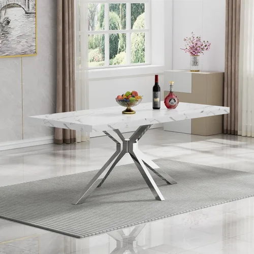 Vista 3 de HomVent Juego de mesa de comedor rectangular para 4, juego de mesa de cocina rectangular, juego de mesa de comedor de mármol sintético, juego