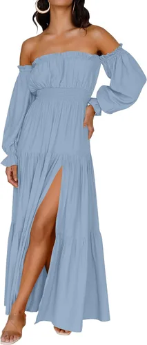 Vista 151 de ZESICA - Vestido largo, bohemio y sexy, con hombros descubiertos y manga larga fruncida, con elástico fruncido, cintura alta y abertura lateral