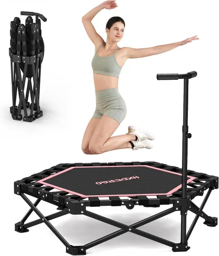 Vista 12 de HXD-ERGO - Minitrampolín plegable de 42 pulgadas, cama elástica con mango de espuma ajustable, trampolín de fitness para interiores, exteriores Azul