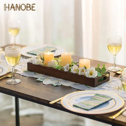 Vista 3 de Hanobe Bandeja de servir decorativa de madera rústica, marrón, rectangular, 16 pulgadas x 4.7 pulgadas x 1.7 pulgadas Bandeja de madera rústica