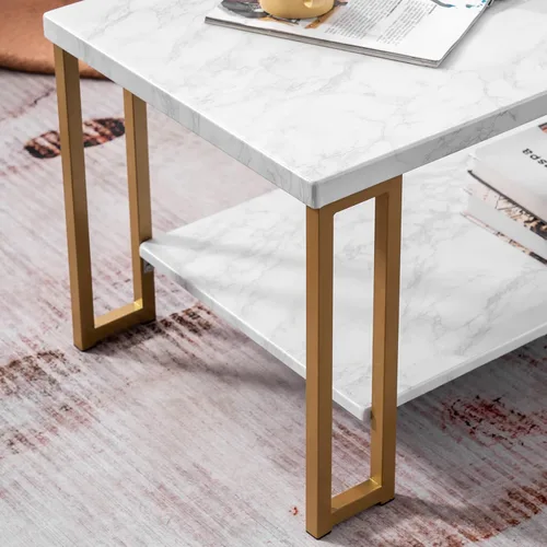 Vista 6 de Mesa de centro con estampado de mármol blanco con patas de metal dorado, mesa central de 2 niveles para sala de estar, mesa rectangular simple