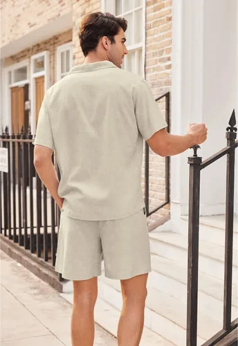 Vista 3 de COOFANDY Camisas de lino para hombre, manga corta, con botones, para playa, hawaiana, juego de 2 piezas
