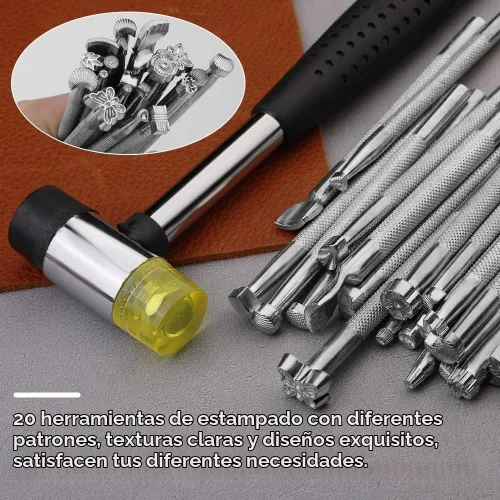 Vista 5 de Sellos de cuero, 21 piezas de herramientas de estampado de cuero con martillo de goma Sellos de cuero para el trabajo de cueros, kit de estampado