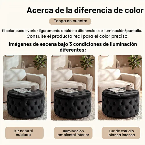 Vista 8 de Homebeez Otomana de Almacenamiento Redonda de Terciopelo de 28 Pulgadas, Taburete Reposapiés con Capitoné de Botones Mesa de Centro para Sala