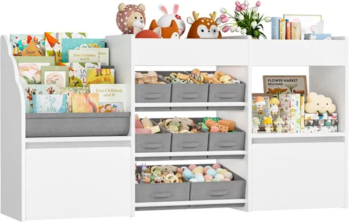 Vista 9 de BOTLOG Organizador de almacenamiento de juguetes de 62.2 pulgadas y estantería para niños, organizador de juguetes con 2 cajones móviles y 9 cajas