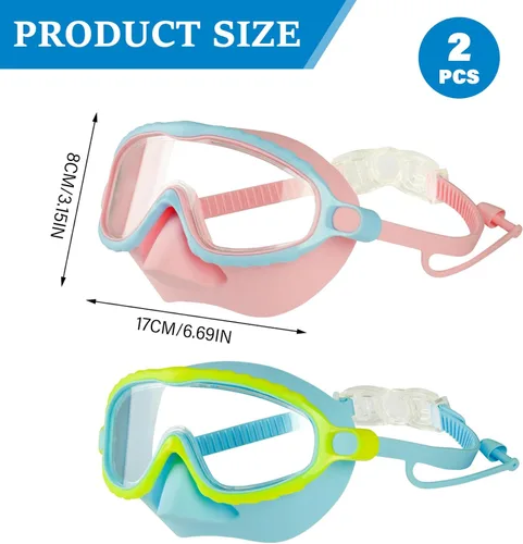 Vista 2 de 2PCS Kids Goggles with Nose Cover, HD Wide View Anti-Fog Toddler Swim Goggles, No Leak Adjustable Clip on Swim Mask for Kids Youth 4-16 Toddler