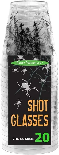 Vista 3 de Party Essentials 20 vasos de plástico duro de 2 onzas con estampado de araña, para Halloween, transparente/negro