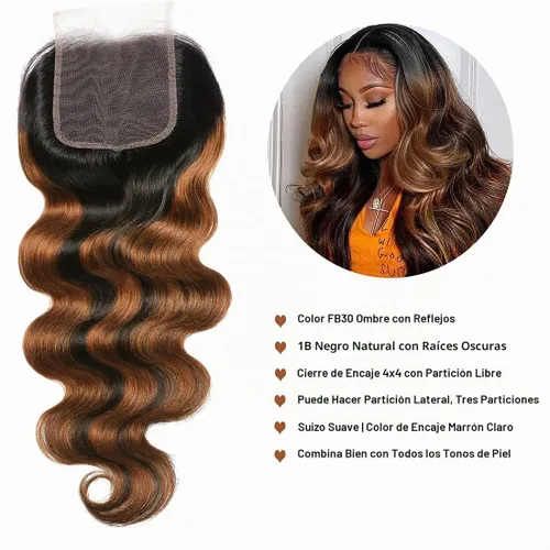 Vista 4 de UNICE Ombre Highlight Body Wave cierre de encaje 4x4 parte libre, cabello humano marrón cierre ondulado con raíces oscuras, color FB30 de 16