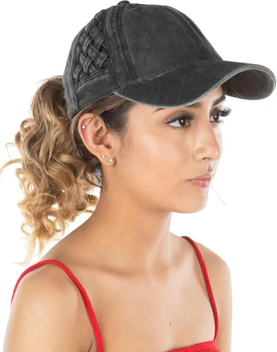 Vista 4 de Funky Junque - Gorra para mujer, entrecruzada, diseño desgastado, se puede usar con coleta o chongo