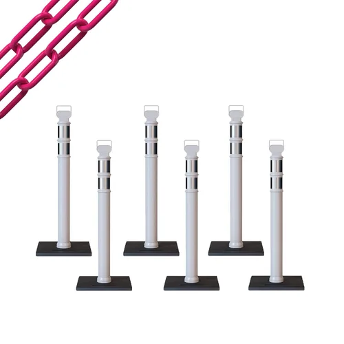 Vista 62 de CCW 6-Pack 45" Delineador Post Kit Kit de 3.0 in collares reflectantes, base de goma de 10 lb (6 postes blancos con cadena negra de 50 pies)