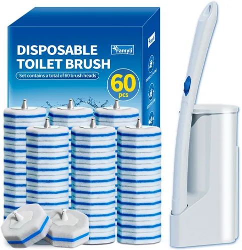 Vista 11 de Cepillo desechable para inodoro, limpiador de inodoro, suministros de limpieza de inodoro, escobilla de inodoro con soporte, varitas limpiadoras