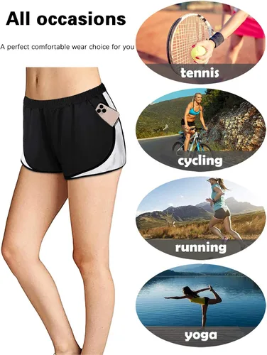Vista 4 de Fulbelle - Pantalones cortos deportivos de doble capa para mujer, elásticos, con bolsillos