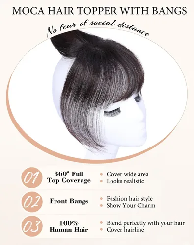 Vista 7 de Toppers de cabello humano real para mujer – 3603D cubierta con clip en flequillo para uso diario (marrón oscuro)