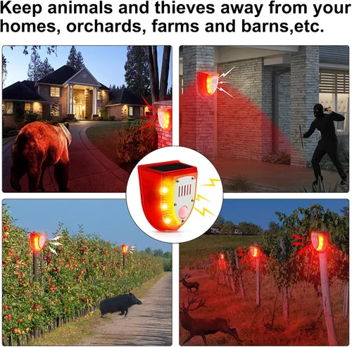 Vista 7 de Qualirey Detector de movimiento de alarma solar con sensor de movimiento al aire libre de 129 db, luz estroboscópica para perro, detector de alarma