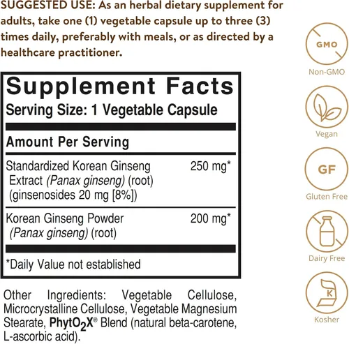 Vista 2 de Solgar, Extracto de Raíz de Ginseng Coreano de Máxima Potencia Estandarizado, Cápsulas Vegetales, E4138, 1, 1