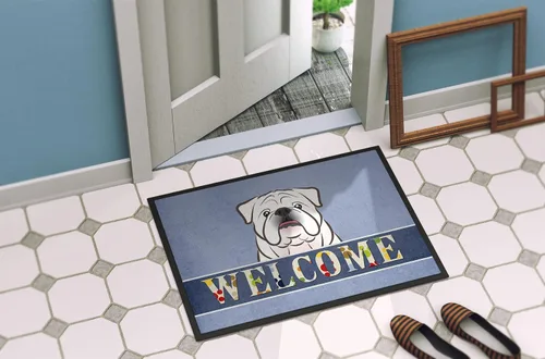 Vista 4 de Caroline's Treasures BB1406MAT - Tapete de bienvenida de bulldog inglés blanco de 18 x 27 pulgadas, tapete azul para puerta delantera, para Bulldog