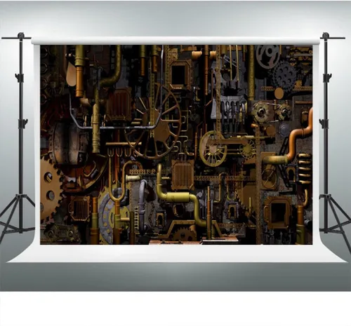 Vista 3 de YongFoto Telón de fondo vintage oxidado, estilo punk, de 5 x 3 pies, tuberías de vapor industriales de metal antiguo, fondo de fotografía, hippie