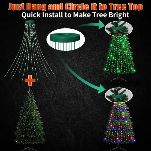 Vista 5 de 12 modos de luces fáciles para árbol de Navidad con anillo para interiores y exteriores, 6.56 pies 12 Lines String 288 LED Timer Dimmable Remote