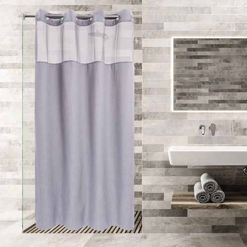 Vista 48 de Cortina de baño River Dream de gran peso sin ganchos necesarios con diseño de gofre punteado y forro a presión - 36W x 74H, de calidad hotelera
