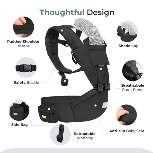 Vista 6 de FRUITEAM Portabebés 6 en 1 con taburete de cintura/asiento de cadera para lactancia materna, talla única - se adapta a recién nacidos, bebés y niños