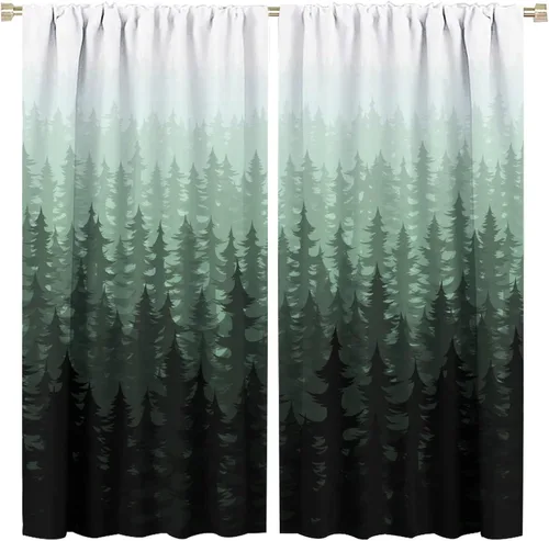 Vista 25 de BAEKJIN Cortinas verdes de bosque brumoso, acuarela, naturaleza, paisaje, plantas, árbol, bolsillo para barra, opacas, tratamiento de ventana
