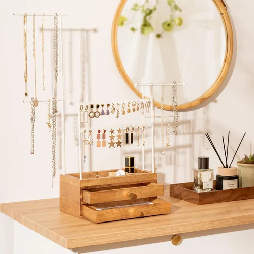 Vista 3 de Organizador de joyas de madera con 2 cajones, regalos para el día de San Valentín para mujeres y niñas, 5 niveles de altura ajustable, organizador