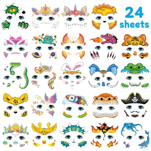 Vista 3 de EMOME Tatuajes faciales para niños, paquete de 24 hojas, tatuajes de pintura facial, maquillaje para niños y niñas, suministros de fiesta