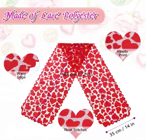 Vista 7 de Boao Camino de mesa de encaje con corazón de San Valentín bordado rojo corazón para decoración de mesa de boda, propuesta de velas, cena