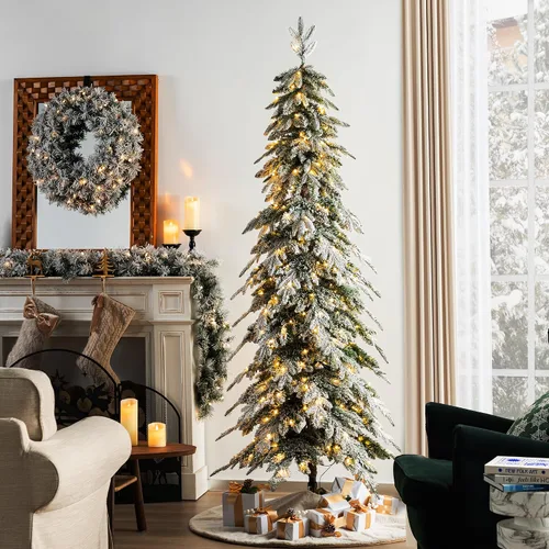 Vista 11 de Glitzhome Árbol de Navidad Artificial de 7.5 pies, Árbol de Navidad Tipo Lápiz Preiluminado con Efecto Nevado Chicago Frostwood Spruce con 350 Luces