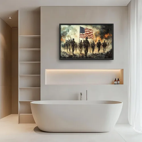 Vista 6 de Arte de pared grande de soldado para sala de estar, bandera patriótica de Estados Unidos, decoración en lienzo con marco militar, impresiones