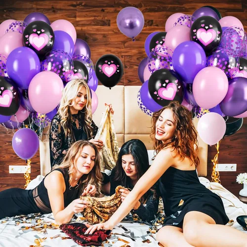 Vista 7 de Globos rosa púrpura negros, 50 unidades de 12 pulgadas, globos de cumpleaños con forma de corazón impresos en color rosa púrpura metálico negro