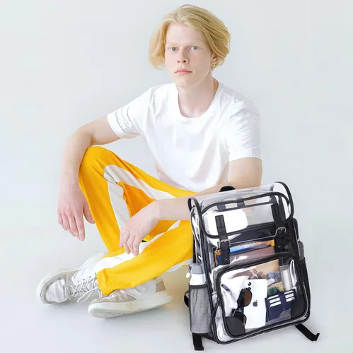 Vista 2 de mommore Mochila transparente resistente, grande, transparente, para escuela, PVC, aprobada para estadios, mochila transparente