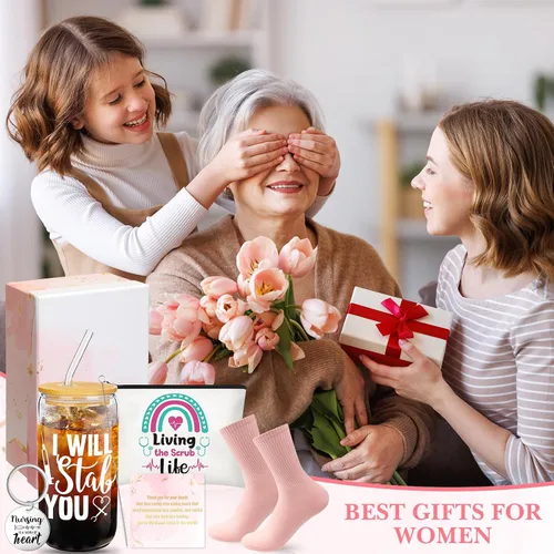 Vista 6 de Hsei 6 piezas de regalos de agradecimiento para enfermeras para mujeres, regalos de Navidad para enfermeras, incluye vidrio de 16 onzas, llavero