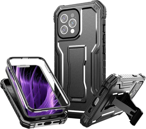 Vista 7 de FITO Funda para Apple iPhone 13, doble capa a prueba de golpes resistente con protector de pantalla de vidrio templado y soporte integrado (verde)