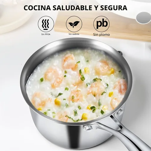 Vista 5 de EWFEN Juego de sartenes de acero inoxidable de 3 capas con tapas, olla multiusos de 1 y 2 cuartos de galón, mango que se mantiene fresco, horno