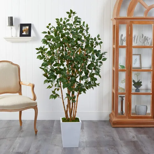 Vista 3 de Nearly Natural Árbol artificial ficus tupido de 5.5 pies en maceta de metal blanco