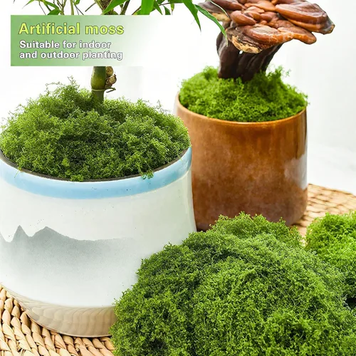 Vista 5 de Musgo artificial de 10.5 onzas para plantas de interior, musgo verde sintético en maceta, decoración de jardín
