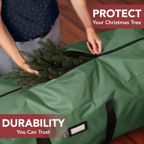 Vista 2 de Bolsa de Almacenamiento de Navidad de Servicio Pesado que se Adapta a Árboles Artificiales de hasta 7.5 pies de Altura, Impermeable con Asas Verde