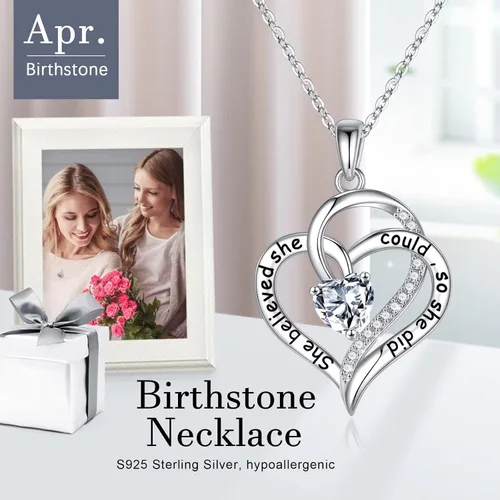 Vista 4 de Iefil 925 Sterling Silver Heart Birthstone for Women,Inspirational Gifts for Women She Believed She Could So She Did Necklace Birthday Inspirational