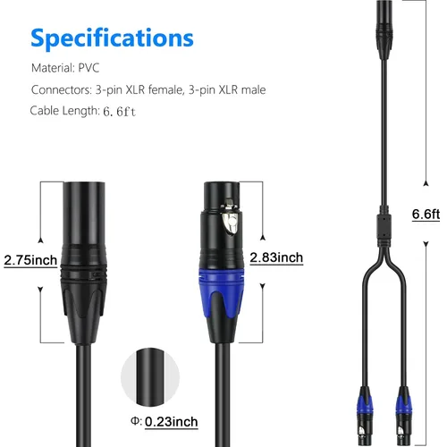 Vista 10 de LanSenSu 1 micrófono divisor XLR Y macho a 2 hembras, XLR hembra de 3 pines a doble XLR macho Y-Splitter Cables de audio de micrófono equilibrado