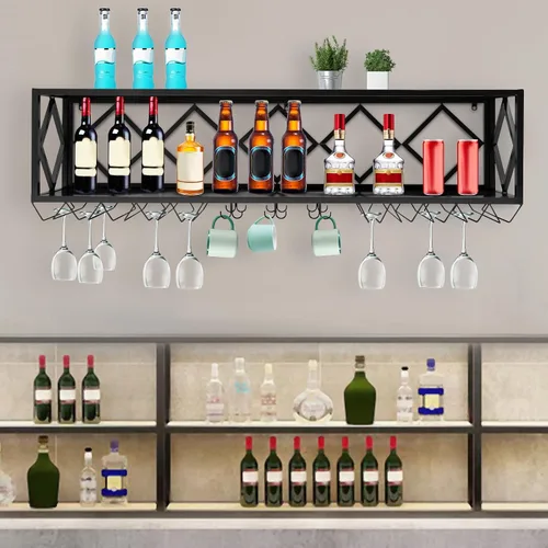Vista 2 de Estante para copas de vino, estante flotante montado en la pared, estante colgante para copa con divisiones para cocina, comedor, bar en casa, sala