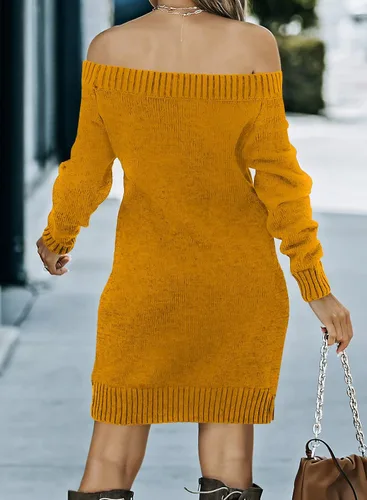 Vista 5 de AZOKOE Vestido de suéter ajustado con hombros descubiertos para mujer, suéter largo de punto