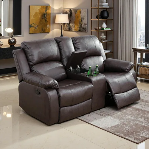 Vista 40 de Juego de Muebles para Sala de Estar, Juego de Sofá Reclinable Manual, Juegos de Sofás Reclinables de Cuero Beige con Mesa Desplegable, Sofá